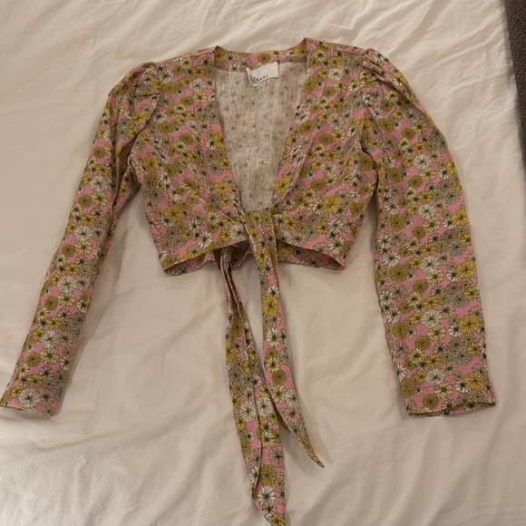 Lisa Marie Fernandez Pink and Yellow Long Sleeve Crop Blouse - Picture 1 of 4